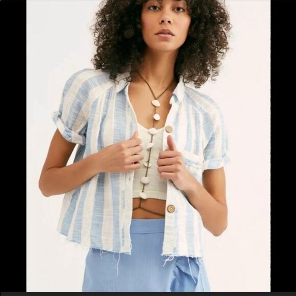 Free People Tops - Free People Blue and White Striped Short-Sleeve Button Shirt